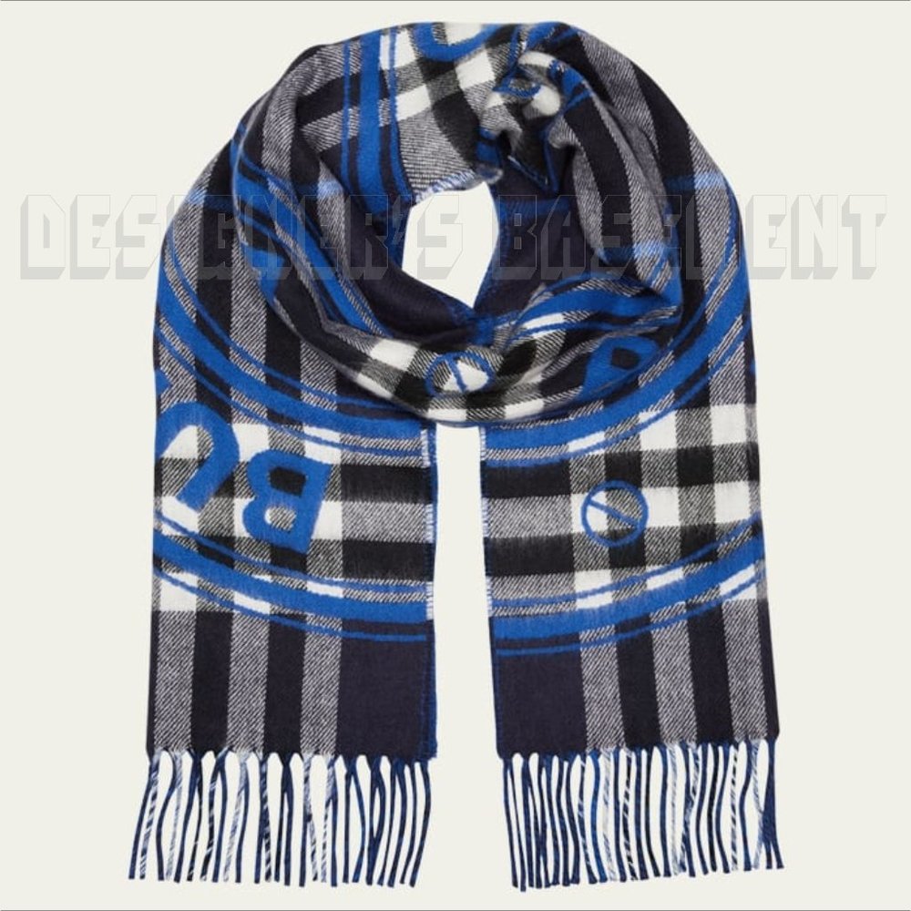 BURBERRY gray ROUNDEL GIANT CHECK reversible to blue LOGO Cashmere 12x66" Scarf - Picture 7 of 7